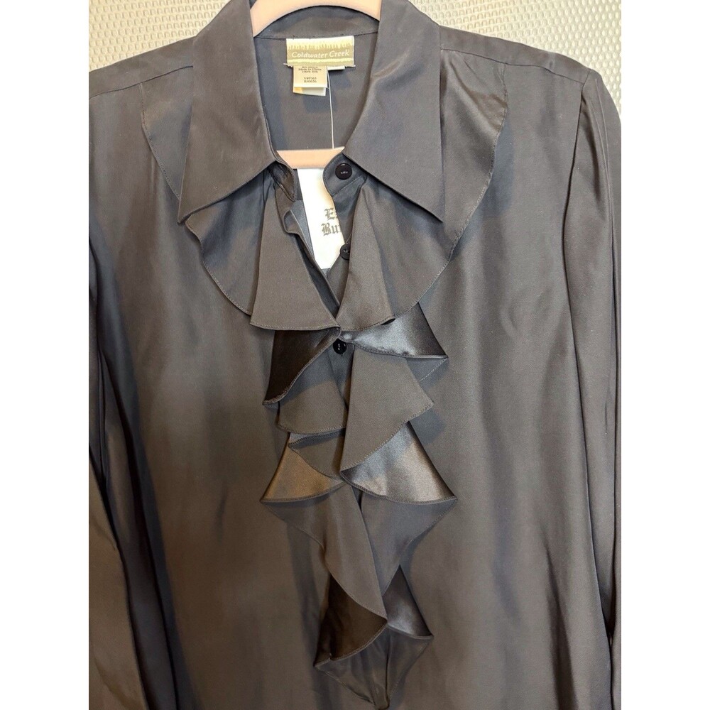 Coldwater Creek Silk Blouse Button Up Women Sz 12 Black Ruffle Dressy - Picture 8 of 8